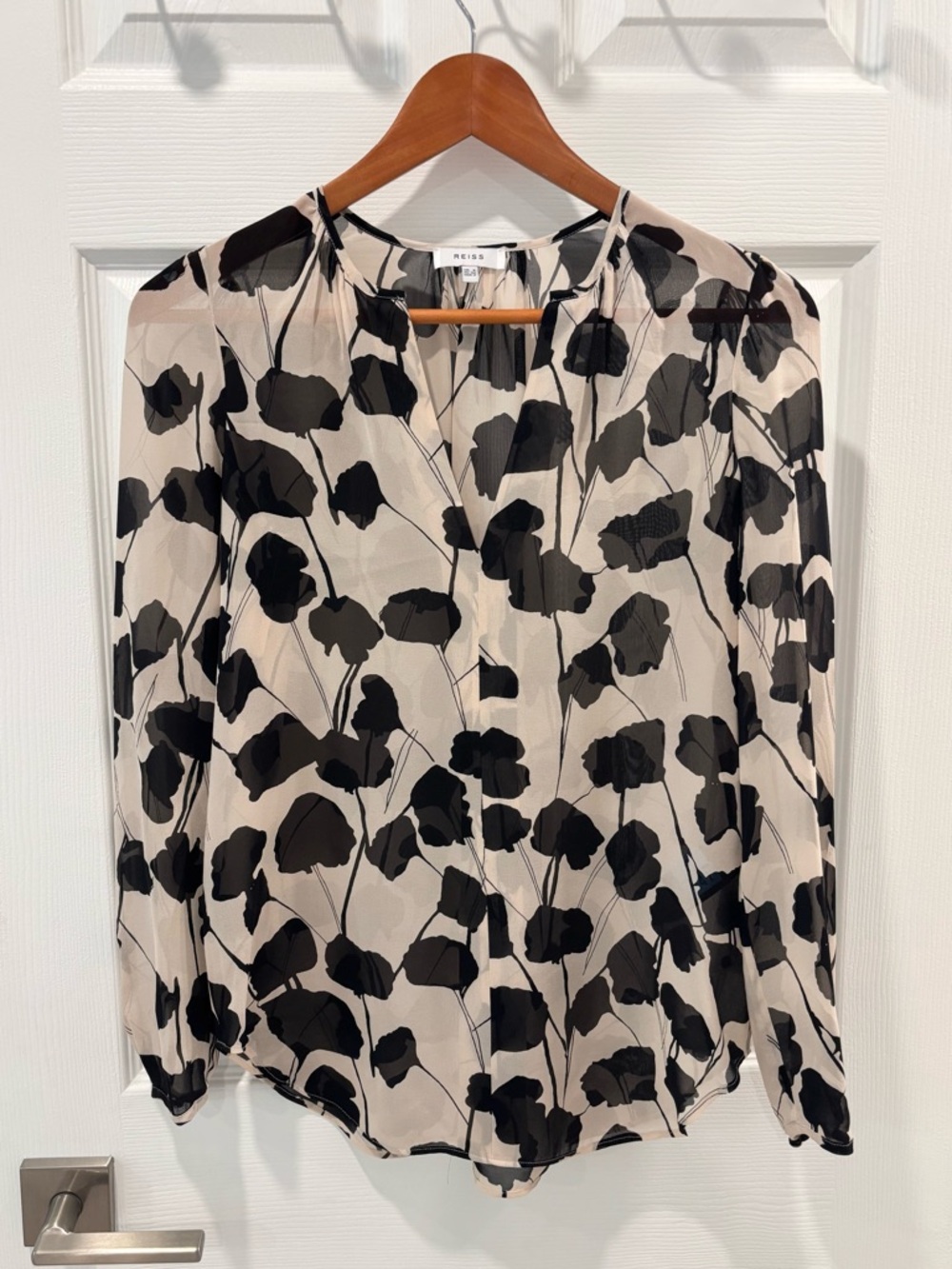 Reiss Black Floral-Print Beige Long-Sleeve Blouse size 0